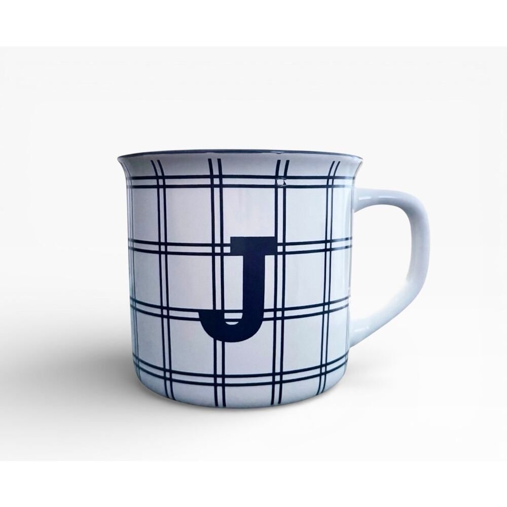 Monogram Ceramic Mug Cup w/ Initial “J” Coffee Tea Mug Blue White Plaid Pattern